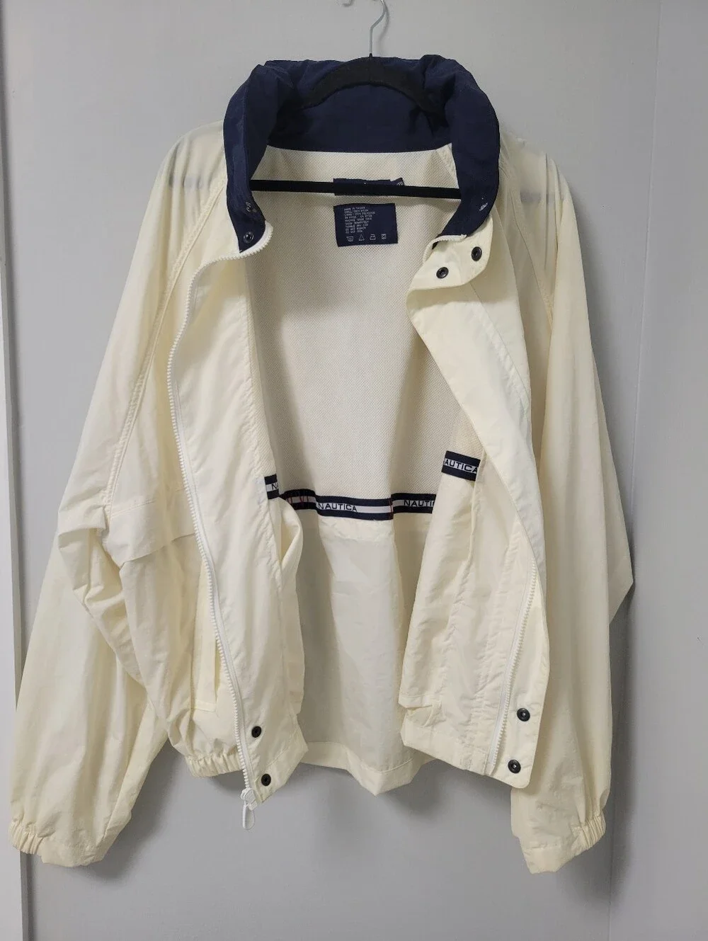 Vintage Nautica Ocean Sportsman Jacket Mens XL Ivory Navy Hidden Hood Sailing